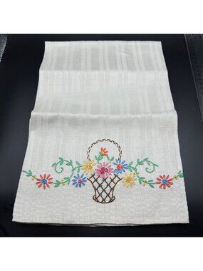 Vintage Hand-Embroidered Cream Linen Tea Towel With Floral Basket large 25”x21”